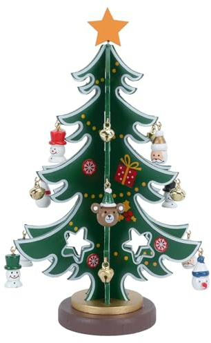 AWBEOT Mini Holz Weihnachtsbaum Set - Miniatur Tannenbaum Tabletop Christbaum Mit 18 Mini Weihnachtsschmuck Anhänger Und 1 Stern Baumkrone Für Tischdekoration DIY