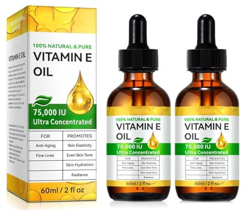 2PC Natural Vitamin E Oil for Skin & Hair,75,000 IU Ultra Concentrated,Intensely Hydrating Dry Skin Treatment for Face, Scars & Hair,2 fl oz / 60ml