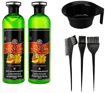 Fruit Vinegar Black Gel Hair Color Kit | Natural Hair Dye with Mixing Bowl & Brush | Ammonia-Free, Long-Lasting & Gentle Hair Coloring for Men & Women