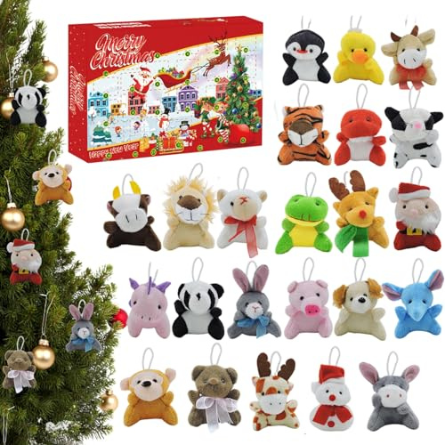 Cuenta regresiva de Navidad, calendario de adviento 2025 niños, 24 días calendario de cuenta regresiva de Navidad con mini juguete de felpa animal, plantador de naves de favor para niños para