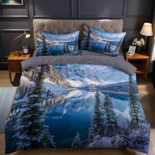 Paesaggio Invernale Copripiumino Una Piazza e Mezza 250x200 cm Paesaggio del lago di montagna innevato Set Biancheria da Letto Confortevole Microfibra Cotone Traspirante con Cerniera e 2 Federe