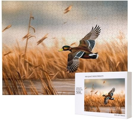 500 Teile Puzzle mit Aufbewahrungsbox, Jagd fliegende wilde Ente 4 bedruckte Holzpuzzle 52 x 38 cm für Erwachsene Kinder Familie Spaß dekoratives Spiel
