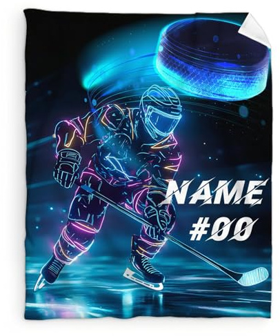 GiftRomance Personalisierte Eishockey-Decke für Jungen – Mit Namen & Trikotnummer – Weiche Flanell-Kinderdecke für Bett, Sofa & Reisen