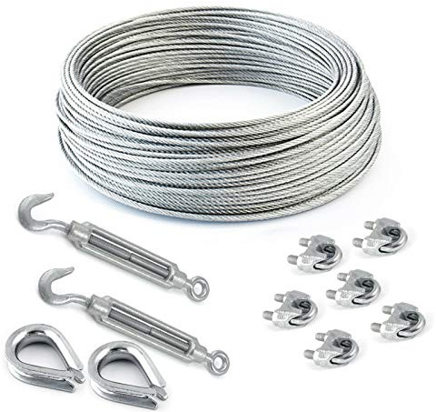 DQ-PP Stahlseil SET 5 | 8mm 6x19 weich | 30 Meter | Stahl verzinkt | 2x Kauschen 8mm | 2x Spannschloss Haken-Öse M5 | 6x Seilklemmen Bügel 8mm | Drahtseil für Rankhilfe Seil Stahl Draht