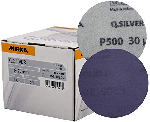Mirka Q.Silver Box 100 Plain Hook'N'Loop HookIt Sanding Discs - 77mm (3) P500 Grit Automotive Refinishing Sandpaper Sanding Discs Solid Detailing System