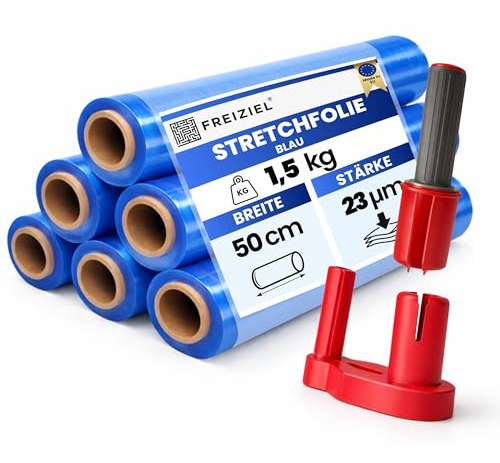 6 Rollen + Abroller Beste-Folie Stretchfolie 23my 500mm - 1,5 Kg verschieden Farben Palettenfolie Handfolie Wickelfolie (6er blau + Abroller)