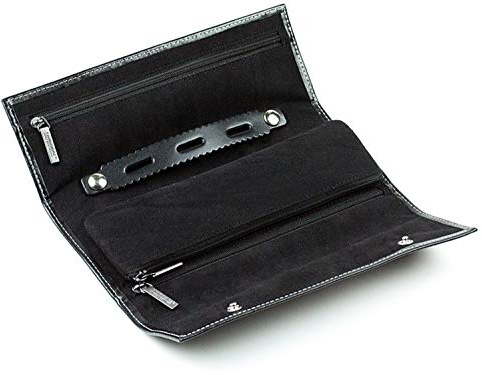 DELMON VARONE - Personalisierbare Schmuckrolle Cambridge Top Grain Leder schwarz, Schmucketui mit Druckknopfverschluss & Velourfutter, Reise Schmucktasche mit 3 Reißverschlussfächer & Ringhalter
