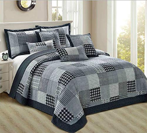 Householdfurnishing 3 Piece Printed Patchwork Bedspread Quilted Bed Throw Comforter with Pillow Shams (Check, Super King)