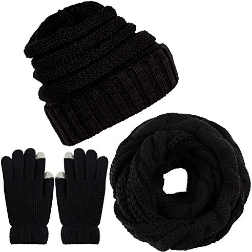 LYworld vinter halsduk stickad mössa kombiset stickad set beanie handskar dam halsduk mössa handskar set stickad presentset pekskärm handskar