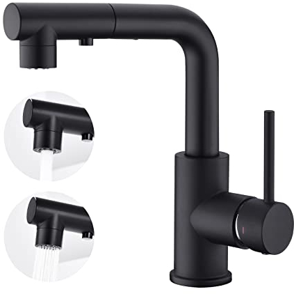 CREA Kitchen Tap with 3 Function Sprayer, Pull Out Kitchen Mixer Tap, 360° Swivel Kitchen Sink Tap, Single Handle Sink Tap for Bathroom or Kitchen, Matt Black