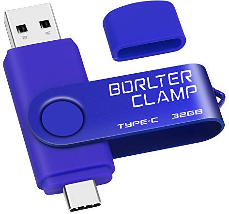 BORLTER CLAMP 32 GB USB typ-C-flashenhet, USB-C 3.0 minnessticka hopp enhet 2-i-1 för Android-telefoner Samsung Galaxy S10/S9/S8/Note 9, LG, Huawei, surfplattor och dator (blå)