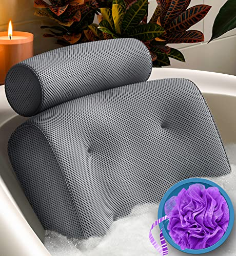 Almohada de Bañera Lujo para Espalda y Cuello – Cojín de Baño con Ventosas, Secado Rápido, Malla Transpirable – Jacuzzi para Bañera, Almohada Piscina, Accesorios Bañera Gris