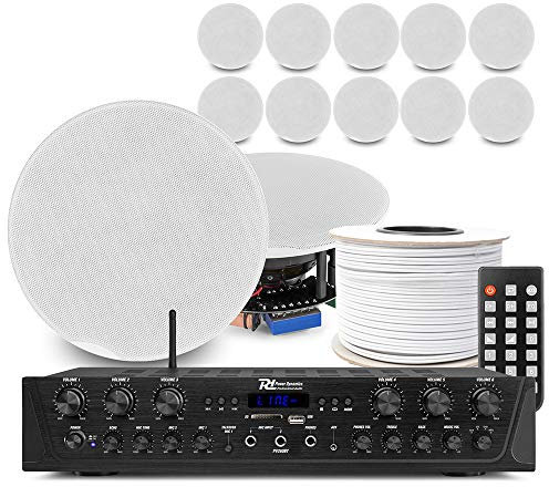 Power Dynamics 6-Zone Bluetooth Ceiling Speaker System – Multiroom Home Audio Solution with PV260BT Amplifier, 12x FCS5 5.25 Speakers & Cable – Ideal for Offices, Shops & Restaurants