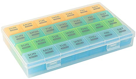 Tablettenbox 7 Tage Morgens Mittags Abends Klein Pillendose Große Fächer Pillendose Perfekt für Unterwegs Medikamentenbox 7 Tage 28 Fächer mit Einfachem Offenem Design,White,one Size