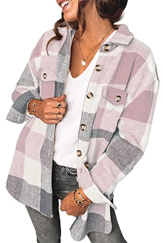 Saslax Chemise en corduroy pour femme à manches longues oversized avec boutonnage, col en V, blouses Tops amples, veste Shacket, à carreaux C, rose, taille moyenne