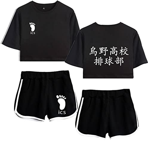 LKY STAR Damen Anime Sets Haikyuu Merch T-Shirt und Shorts 2 Stück Karasuno Crop Top & Shorts Cosplay Modisch Sport-Sets Hinata Shoyo