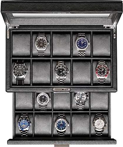 ROTHWELL Uhrenbox aus Leder mit 20 Fächern, luxuriöses Uhrengehäuse, Schmuck-Organizer, verschließbarer Uhren-Vitrinen-Halter mit großer Echtglas-Oberseite, Uhrenbox, Organizer für Damen und Herren