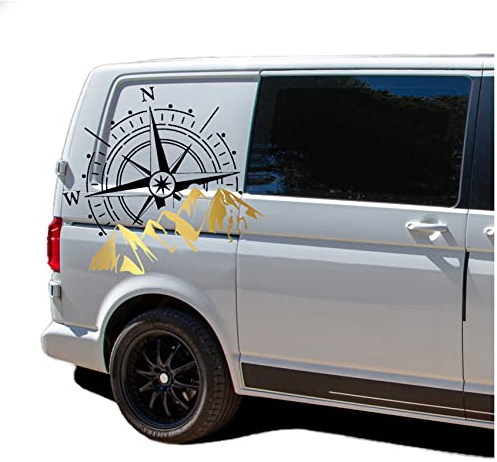 Autoaufkleber Windrose Sport Mountains 60x56cm Sticker Folie für Auto Wohnwagen Anhänger Aufkleber Selbstklebend Kfz Zubehör KX072 KX073 (Kompass schwarz, Berge Gold)