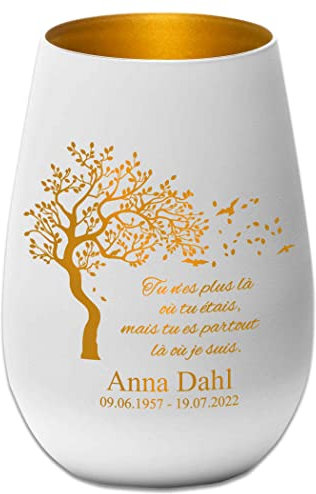 Photophore en Verre personnalisé - nom et Date funéraire - Lumière de deuil - présent funéraire – Blanc/Or - Tu n'es Plus là où tu étais, mais tu ES Partout là où Je suis.