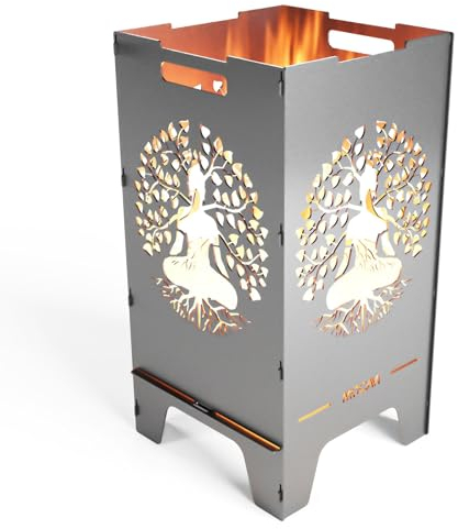 MOCAVI Edelstahl Feuertonne Lebensbaum 73 cm | 3 mm V2A Design-Feuersäule für Garten, Terrasse und Balkon Feuerschale Feuerkorb massiv sicher groß quadratisch Feuerstelle Outdoor faltbar hitzefest