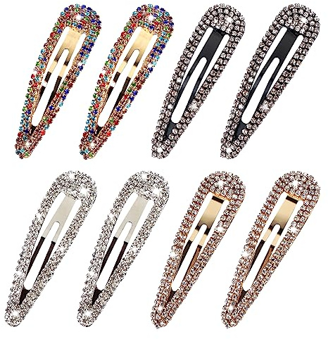 LOSANJI 8PCS Rhinestone Hair Clips, Water Drop Crystal Hair Barrettes, Bling Metal Snap Duckbill Hairpins Sparkle Hair pin, Glittering Hair Accessories for Women Girls-Color, Gold, Silver, Black