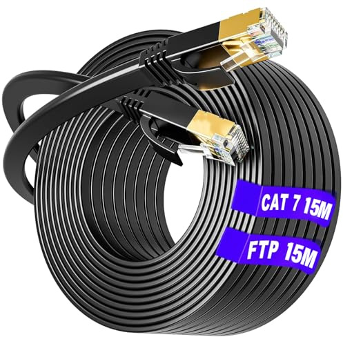 Soibke Cat 7 Cable Ethernet 15 metros Blindado, Alta Velocidad Cable de Red | Plano RJ45 15m Cable - 10Gbit/s 600MHz, Resistente Al Agua, S/FTP, Cable Internet LAN para Router Switch Módem (15 Clips)