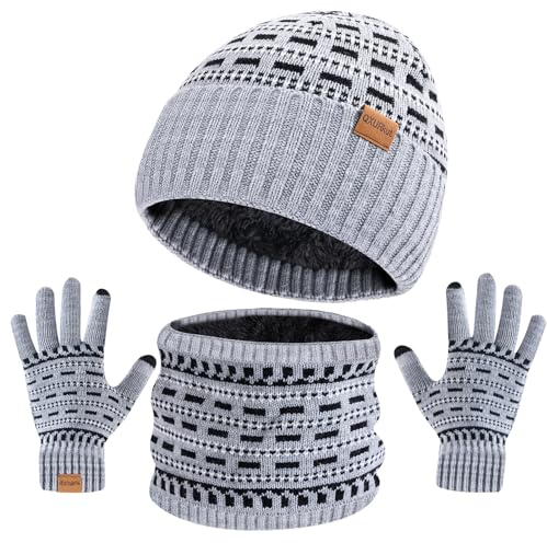 QXURkut Mütze Schal Handschuhe Winter Set Damen Herren, Warme Wintermütze Strickmütze Loop Schlauchschal Touchscreen Winterhandschuhe (Grau)