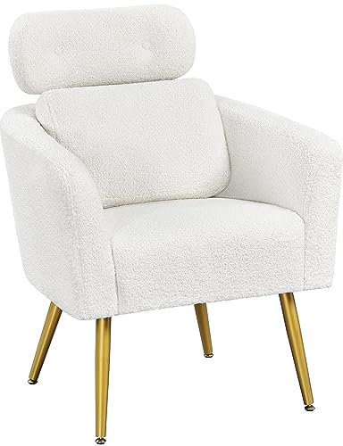 Yaheetech Tub Chair, Cozy Living Room Chair with Adjustable Headrest, Boucle Armchair with Lumbar Pillow and Golden Legs, Modern Accent Chair for Bedroom Lounge Waiting Room Office, White
