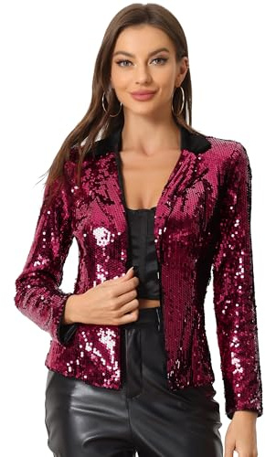 Allegra K Chaqueta con Lentejuelas para Mujer Blazer de Color Metálico Brillante Disfraz de Halloween Rojo M