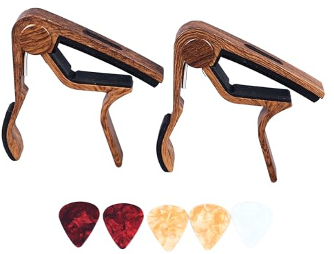 2 Stück Akustikgitarren-Kapodaster, Holz-Gummi-Kapodaster, Einhändiger Auslöser mit Plektren für Elektrische Akustikgitarre (Tiefe Körnung)