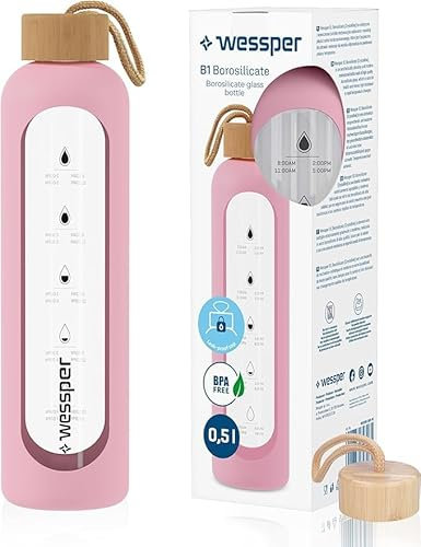Wessper Bouteille a eau 500 milliliters, Bouteille de Motivation avec échelle D'hydratation, Gourde pour eau en Verre Borosilicaté avec étui en Silicone, Matériau Sans BPA – Rose