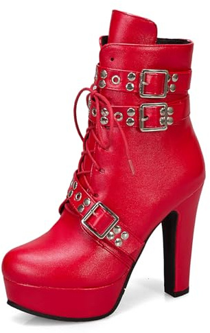 Bellirala Women's Studded Buckled Combat Boots Chunky Platform Ankle Booties Goth Punk Lace Up Knight Biker Boots Zipper High Heels Red Size 8
