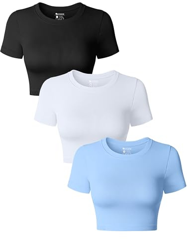 OQQ 3er Pack Damen Tops Kurzarm Rundhals Slim Fit Bauchfrei Tops Sommer Crop Top T-Shirt Schwarz Weiß Blau