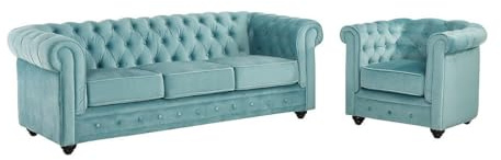 Vente-unique - Divano 3 posti + Poltrona Chesterfield - velluto - azzurro cielo