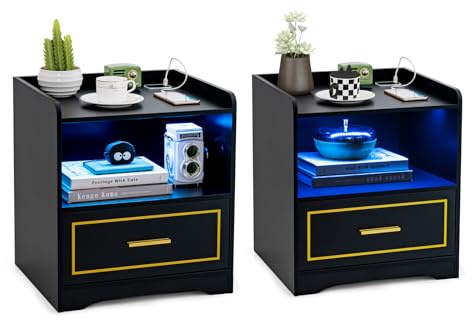 COSTWAY LED Bedside Table, Smart Nightstand Sofa Side Table with Charging Station, Human Body Induction, Drawer and Storage Shelf, Wooden Bedside Cabinet End Table for Living Room Bedroom (2, Black)