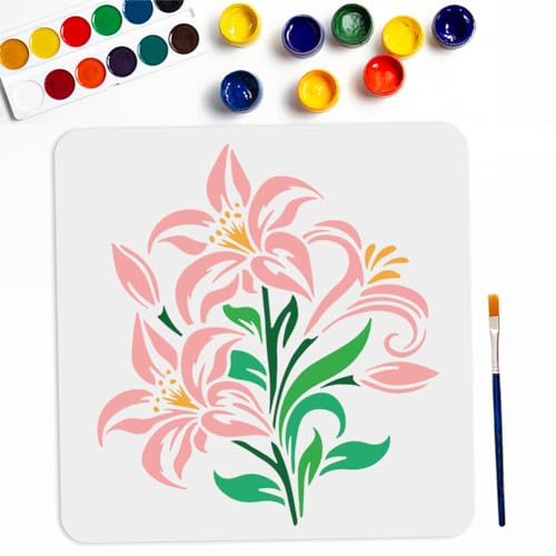 MAYJOYDIY Lilien Schablone 30 × 30cm Große Blumenschablonen Zum Malen Mit Pinsel Wiederverwendbare Frühlings Sommerblumen Vorlage Für Leinwand Wand Holz DIY Basteln Heimdekoration