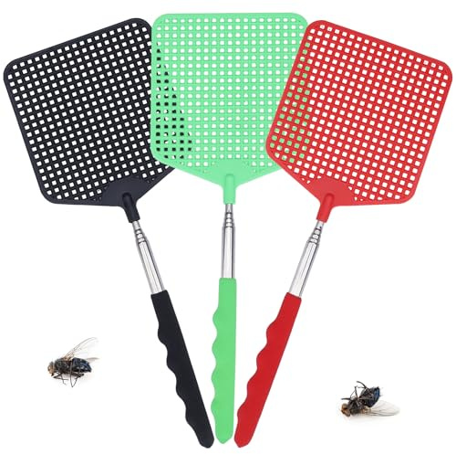 TAKUZA Fliegenklatsche Groß 3 Stück, Stabil und Ausziehbar,Schwarz/Grün/Rot | Mückenklatsche mit Teleskopstiel und integriertem Schaber für Fliegen, Mücken, Wespen und andere Insekten