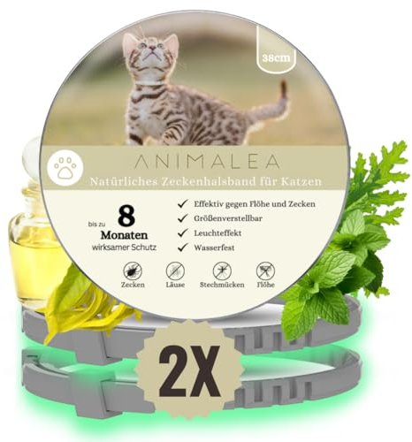 Animalea® Zeckenhalsband für Katzen (2 Stück) - Länge 38cm - wirksamer Schutz gegen Zecken und Flöhe - wasserfest und Leuchtend bis zu 8 Monaten Zeckenschutz mit 100% natürlichen Inhaltsstoffen