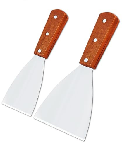 2 Stück Griddle Scraper Set, Holzgriff Slant Edge Grill Schaber, Eisen Skillets Turner BBQ Grill, Edelstahl Grill Schaber, für BBQ, Burger, Steak