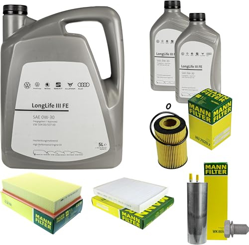 Inspektionspaket Wartungspaket Filterset mit 7 L 0W-30 Motoröl LongLife 3 FE, Ölfilter, Luftfilter, Kraftstofffilter, Innenraumfilter, Verschlussschraube