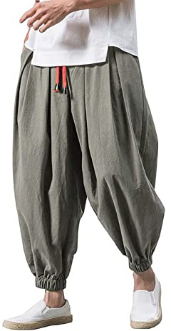Pantalon Sarouel élastique Mode pour Hommes Pantalons Larges Décontractés Japonais, Sarouel Coton et Lin D'été Baggy Pantalon Large Ample Harem Pants Pantalon de Sport Jogging Hip Hop Streetwear Plage