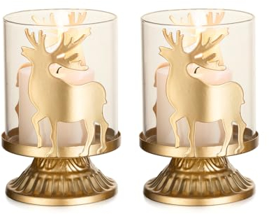 Hirsch Kerzenhalter Kerzenständer Weihnachten Gold: Romadedi 2er Set Rentier Windlicht Teelichthalter für Weihnachtsdeko Tischdeko Fenster Geschenke Vintage Wohnzimmer Stumpenkerzen