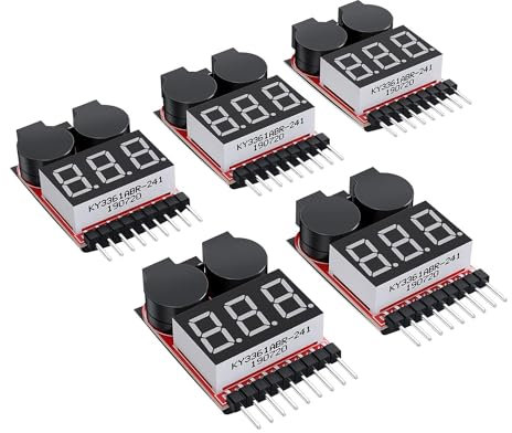 Mascoona 5PCS 2 In1 1-8S Lipo Battery Voltage Tester Set Kit RC Low Voltage Buzzer Alarm, Battery Monitor Checker Tester Kit for Lipo/Li-Ion