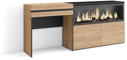 Skraut Home | Tocador | Dormitorio habitación | 177x75x35 cm | con cajón | Chimenea eléctrica XXL | Estilo Moderno | Roble