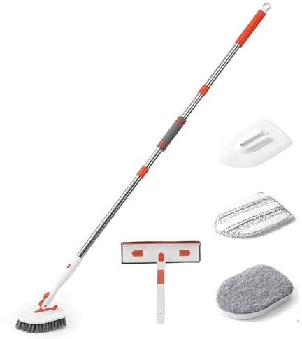 Generic Bathroom Cleaning Brush Set,Floor Brush Telescopic Pole Multiple Brush Heads Replaceable,Scrubber Seam Bathtub Brush Bathroom Shower Tile Brush Sponge Scrubber.