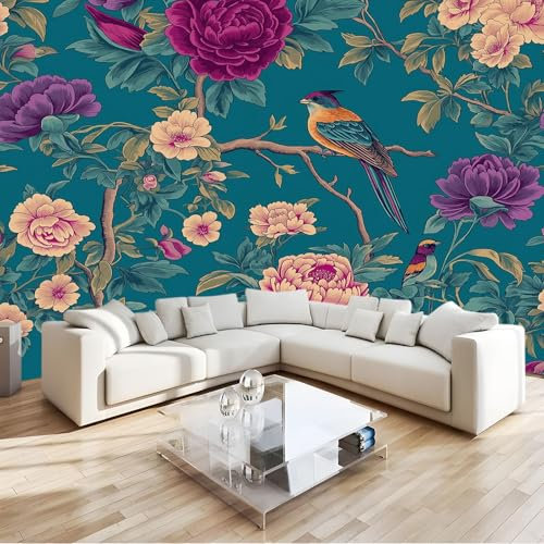 Turchese Fotomurale uccello del ramo di fiori Carta da parati Fotomurali TNT Murale alla Moda Decorazione da Muro Poster Gigante Design Carta per pareti 200x140 cm