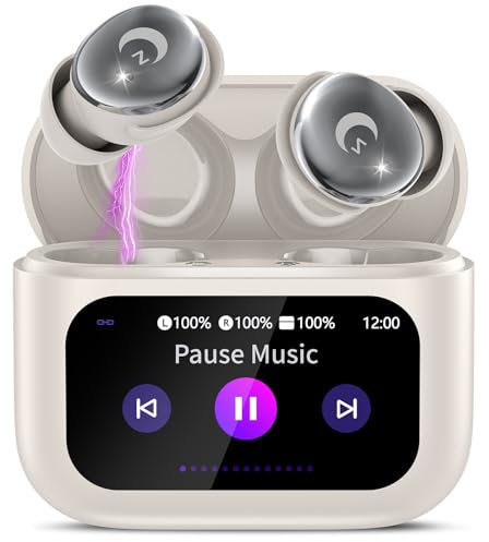 VEKJ Wireless Earbuds with Smart Touch Screen, Mini Sleep Earbuds Bluetooth 5.4 Headphones In Ear with Noise Cancelling Mic, 48H Bass Stereo Ear Buds, 5 EQ Modes/IP7 Waterproof Earphones Beige