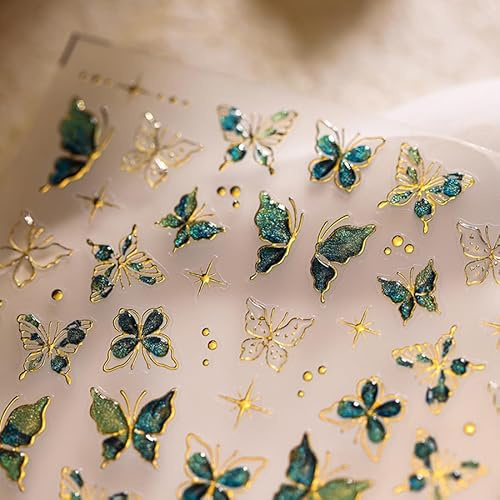 GlamRays Schmetterling Nagelsticker Nail Art Aufkleber Abziehbilder 5D Relief Schmetterling Nagel Abziehbilder Grün Schmetterling Stern Gold Kanten Design Schmetterling Nagelaufkleber