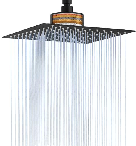 RUMOSE Rain Shower Head with Filtered Matte Black 10 Inch High Pressure Rainfall Shower Head Square Stainless Steel Fixed Waterfall Showerheads Filter For Hard Water