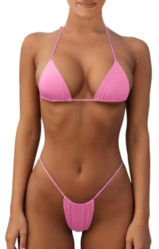 nicticsi Maillot De Bain Femme 2 Pieces String Tanga Brésilien Sexy G-String Bikini Thong Brassiere Et Slip Bretelles Réglables Costume Triangle De Bain Set De Bikini Swimwear B Rose Clair XS